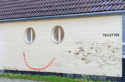 Funny Graffiti on a wall with two round windows.
