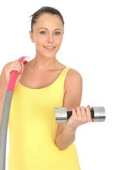 Healthy Young Woman Holding a Dumb Bell and Hula Hoop Smiling and Looking Happy