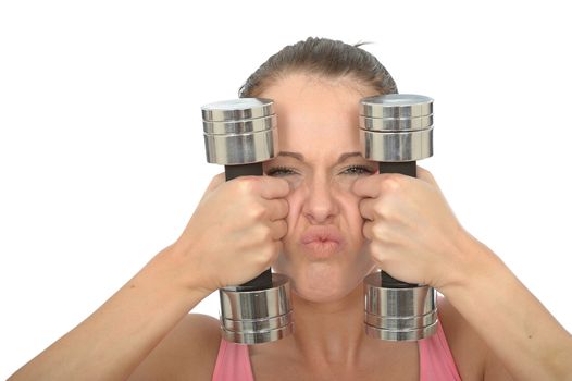 Healthy Young Woman Stressing While Training With Weights Looking at Camera Pulling Faces
