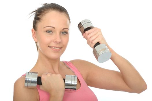 Healthy Happy Young Woman Training With Dumb Bell Weights Smiling Looking Relaxed 