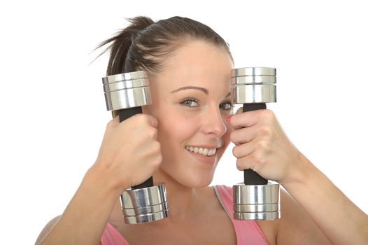 Healthy Happy Young Woman Training With Dumb Bell Weights Smiling Looking Relaxed 