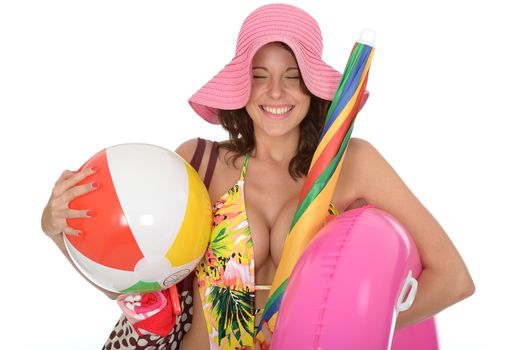 Young Attractive Woman Wearing a Swim Suit on Holiday Carrying a Beach Ball Rubber Ring and Parasol