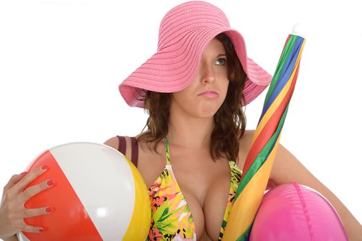 Young Attractive Woman Wearing a Swim Suit on Holiday Carrying a Beach Ball Rubber Ring and Parasol