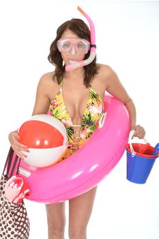 Young Woman Wearing a Swim Suit on Holiday Wearinmg a Snorkel and Rubber Ring