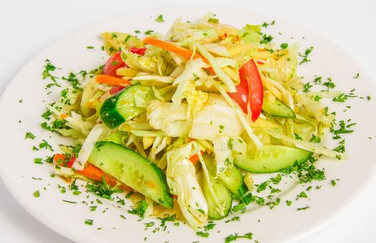 vegetable mix with apples, celery, seasoned with lime sauce and cilantro on a white plate