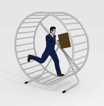 Illustration of a businessman running inside a hamster wheel