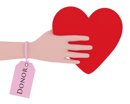 Illustration of a person with a donor tag holding a heart