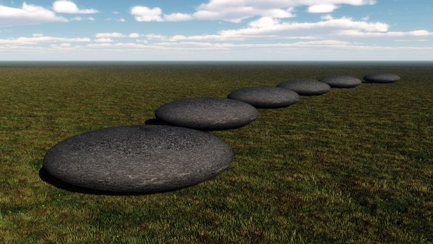 Grey stones steps upon the ground going to the horizon by day - 3D render