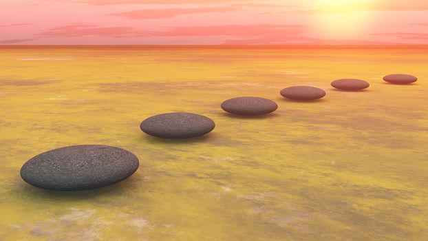 Grey stones steps upon the ground going to the sun by cloudy sunset - 3D render