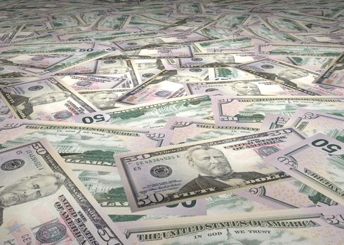 large amount of 50 Dollar Bills scattered across the floor