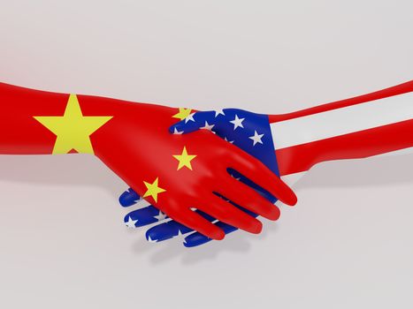 Illustration of shaking hands with China and America flags as textures