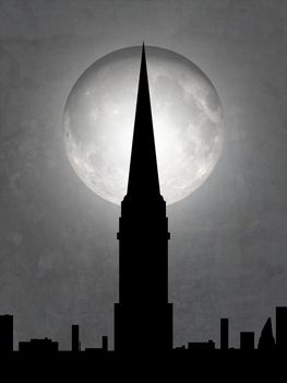 Illustration of a cityscape with tall tower and moon in the background