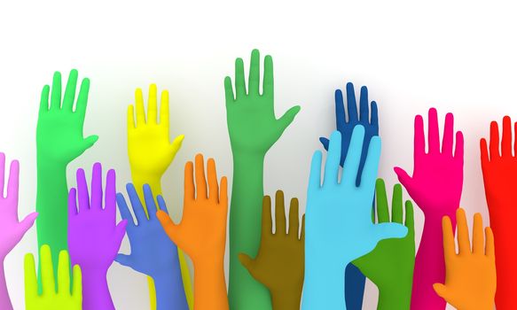 Illustration of a colorful group of raised hands