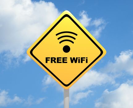 Illustration of a yellow road sign with the words "Free WiFi"