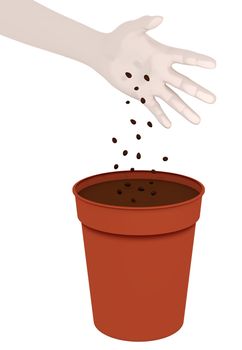 Illustration of a hand dropping seeds into a plant pot
