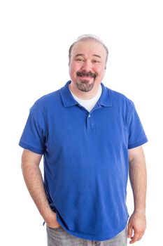 Portrait of an Optimistic Adult Guy in Blue Polo Shirt Smiling at the Camera with One Hand in his Pocket, Isolated on White Background.