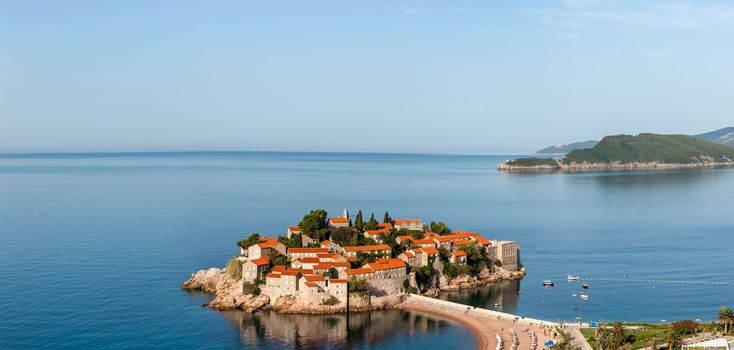 St. Stephan island in Adriatic Sea in Montenegro. panoramic views of the coast from a high point 
