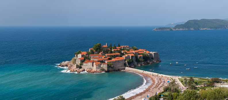 St. Stephan island in Adriatic Sea in Montenegro. panoramic views of the coast from a high point 