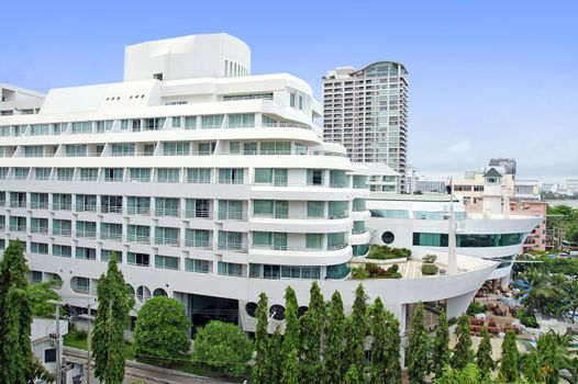 Aerial view of a hotel building and beach at pattaya, Thailand