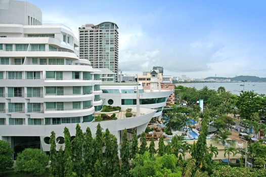 Aerial view of a hotel building and beach at pattaya, Thailand