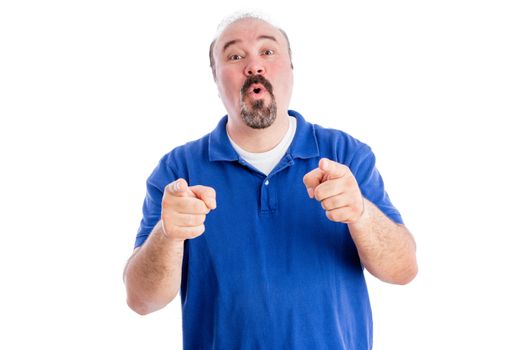 Argumentative loquacious man making a point pointing at the camera with his fingers while talking non-stop isolated on white