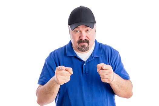 Sceptical casual middle-aged man showing his disbelief pointing at the camera and raising his eyebrows in distrust, upper body isolated on white