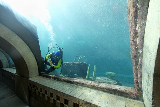 A diver swimming and cleaning a tank