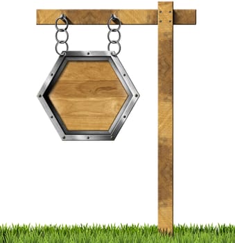 Empty hexagonal wooden sign with metallic frame hanging with metal chain on a wooden pole. Isolated on a white background with green grass