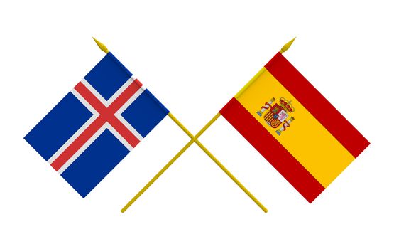 Flags of Iceland and Spain, 3d render, isolated on white