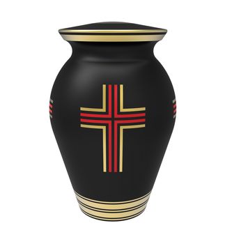 Cremation urn with cross, 3d render, isolated on white