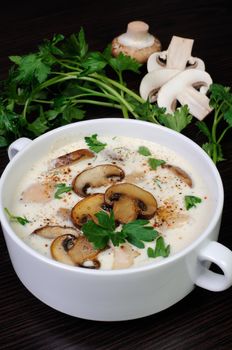 creamy soup pureed mushrooms and slices of chicken