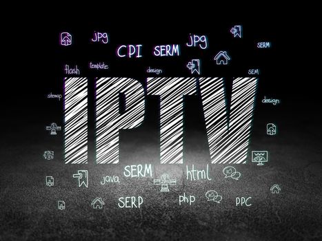 Web development concept: Glowing text IPTV,  Hand Drawn Site Development Icons in grunge dark room with Dirty Floor, black background, 3d render