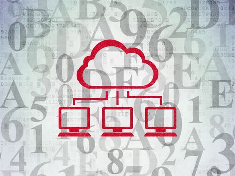 Cloud technology concept: Painted red Cloud Network icon on Digital Paper background with  Hexadecimal Code, 3d render