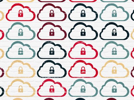 Cloud technology concept: Painted multicolor Cloud With Padlock icons on White Brick wall background, 3d render