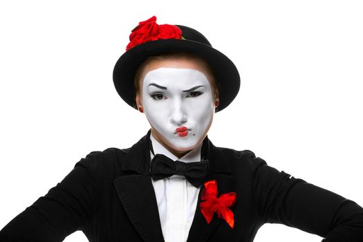 Portrait of the doubting woman as mime with dissatisfaction with a grimace on his face isolated on white background. Concept of  doubts