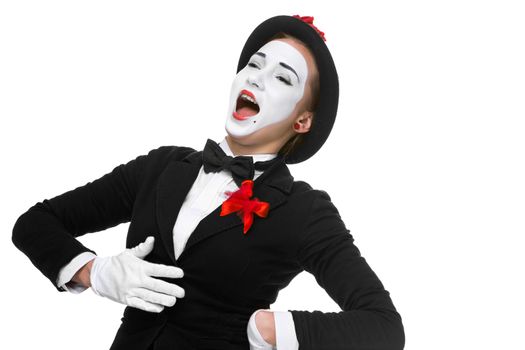 Portrait of the surprised and joyful woman as mime with open mouth isolated on white background. the concept of complete satisfaction and joy