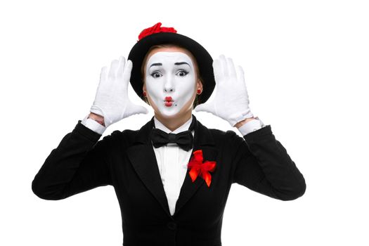 Portrait of the surprised  woman as mime with with their hands isolated on white background. Concept concept of surprise from anything