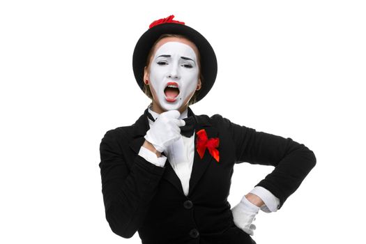 Portrait of the singing woman as mime with open mouth isolated on white background. 