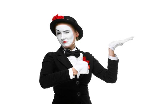 Portrait of the approving woman as mime showing that everything is fine, isolated on white background. 