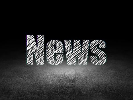 News concept: Glowing text News in grunge dark room with Dirty Floor, black background, 3d render