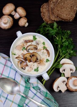 creamy soup pureed mushrooms and slices of chicken