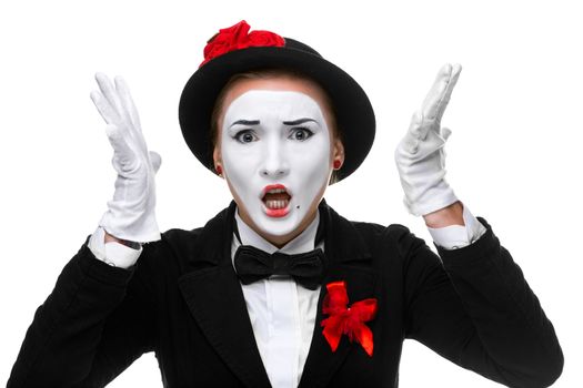 Portrait of the angry and resent woman as mime with open mouth isolated on white background. Concept  of anger