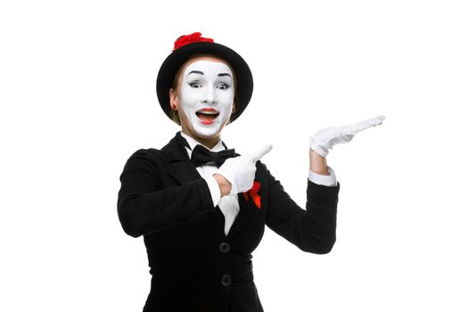 Portrait of the surprised and joyful woman as mime isolated on white background. Concept of approval and recommendations