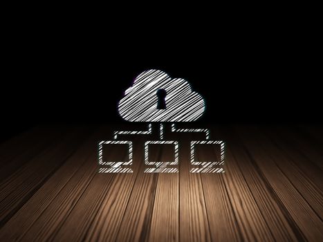 Cloud networking concept: Glowing Cloud Network icon in grunge dark room with Wooden Floor, black background, 3d render