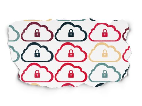 Cloud technology concept: Painted multicolor Cloud With Padlock icons on Torn Paper background, 3d render