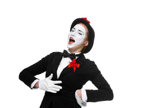 Portrait of the surprised and joyful woman as mime with open mouth isolated on white background. the concept of complete satisfaction and joy