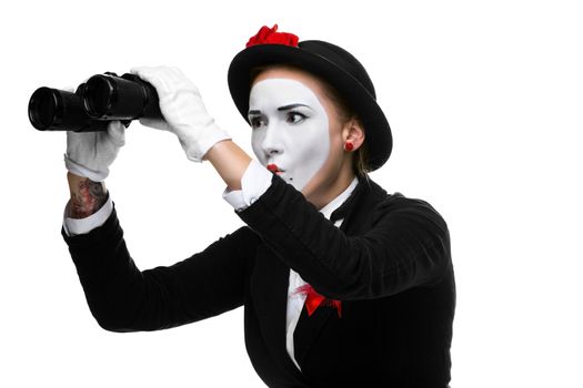 Portrait of the searching woman as mime with binoculars isolated on white background. Concept intense search