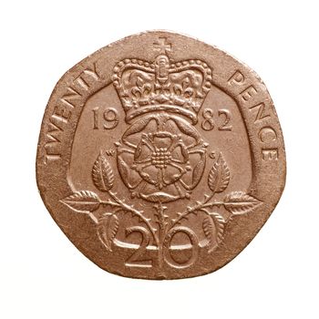 Vintage looking Pound coin - 20 pence currency of the United Kingdom isolated over white background