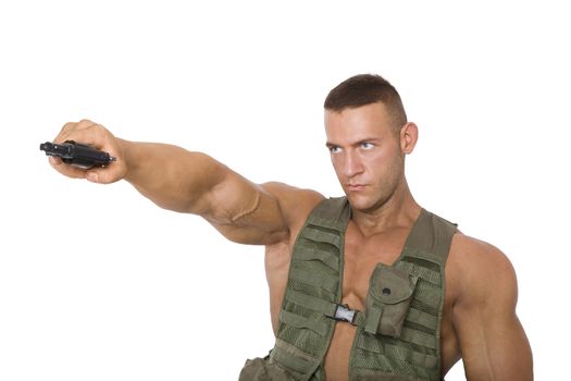 Serious soldier aiming gun isolated on white background. War on terrorism.