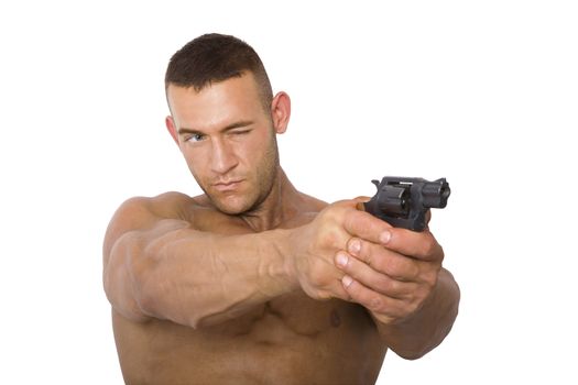 Muscular caucasian man with a gun, isolated on a white background. Guns, shooting and violence. 